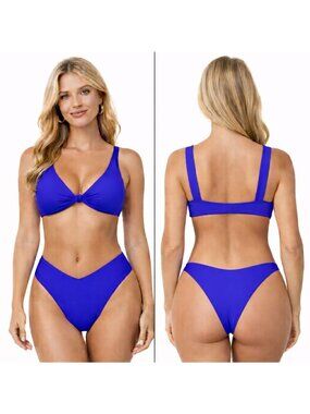 Royal Blue Bikini Set Large V Neck Knot Front Push Up High Cut Cheeky Bottom